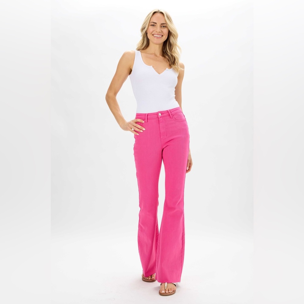 HOT! judy blue high waist hot pink garment dyed cut hem flare JB88618REG PK